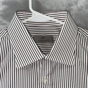 Canali Dress Shirt men's 16.5 / 42 Button Up White Brown Striped Italy Casual